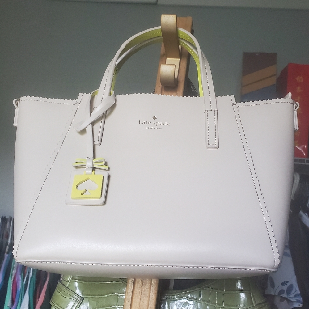 Kate Spade small loryn ivy drive neon yellow beige cream tote crossbody NWOT